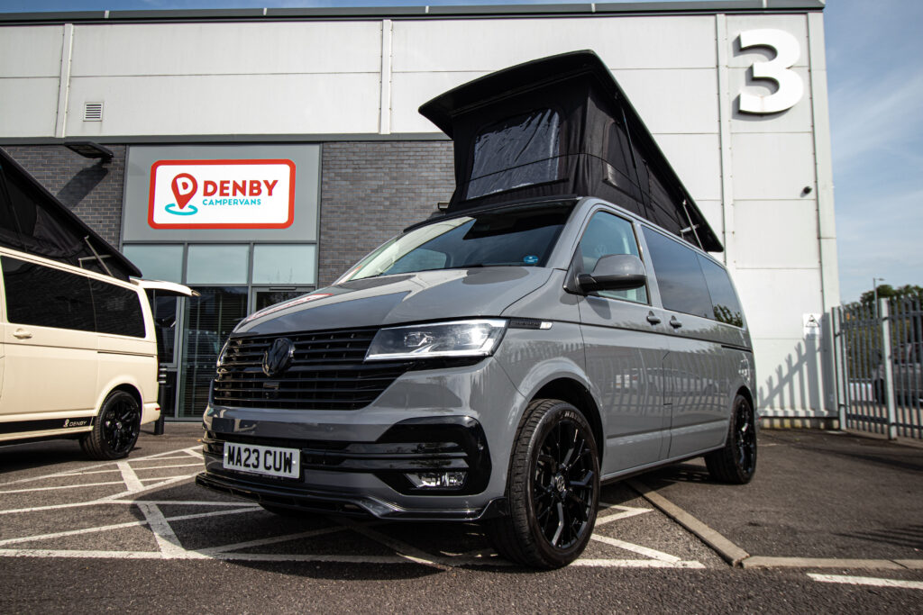 Balmoral Deluxe SWB - T6.1 Volkswagen Transporter Highline Campervan – Pure Grey – 23 – A1267 angled front view from the left